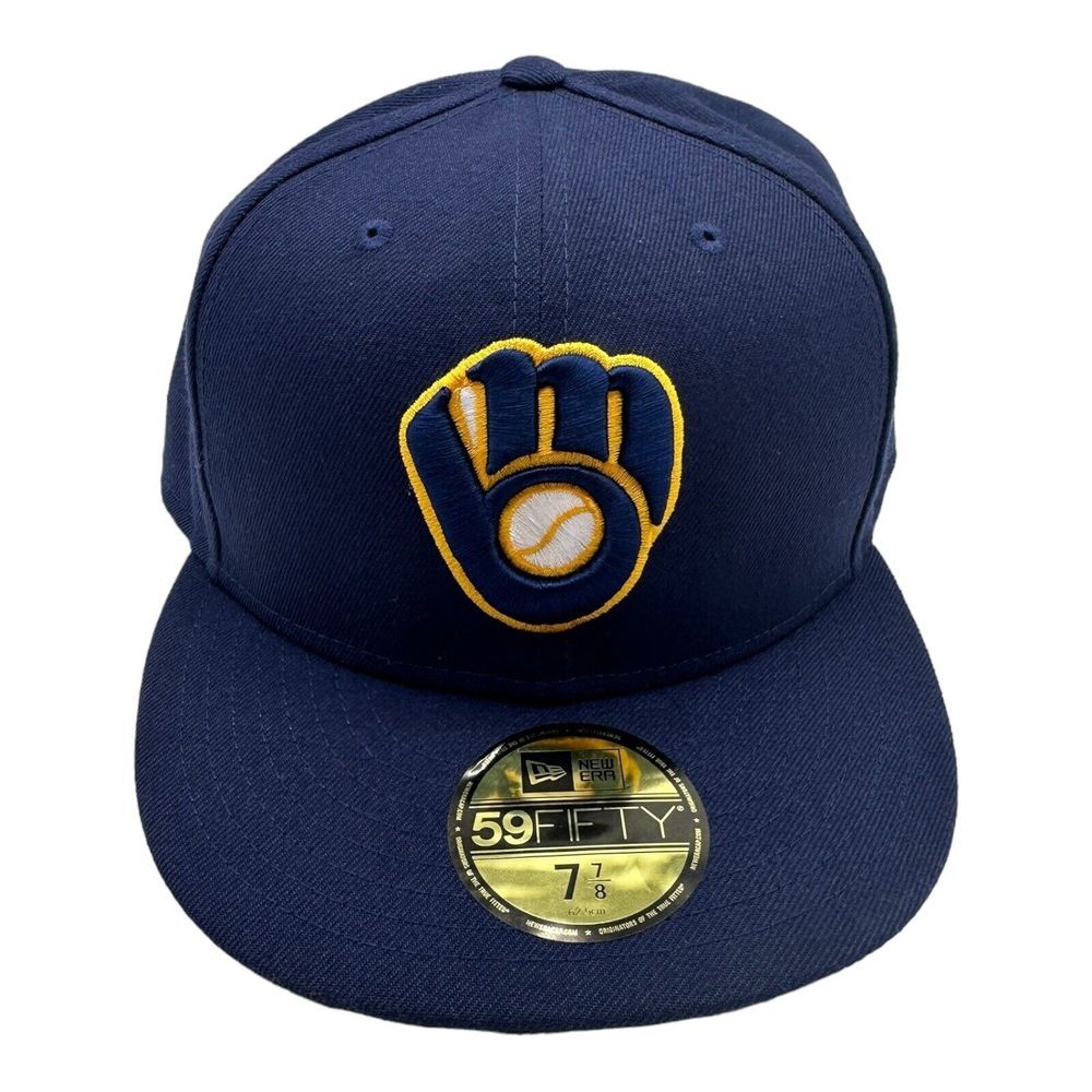 New Era 59Fifty Milwaukee Brewers On Field Fitted Hat Cap Navy Blue Size 7 7/8